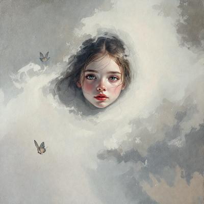 The primary subject of the image is a young girl with a pink nose and lips, who is peeking out from a cloud. She is surrounded by butterflies, with one butterfly flying close to her and two others positioned above her. The setting is a cloudy sky, and the visual style is a painting or drawing. The colors and mood of the image are predominantly pink and whimsical, creating a sense of innocence and playfulness.